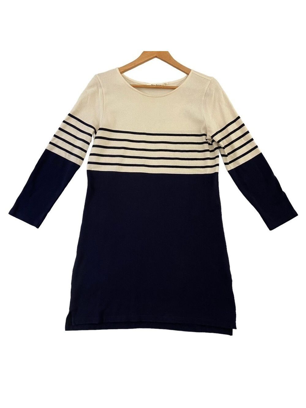 Nice Things Paloma dress 100% cotton navy blue ecru white/off white stripe small